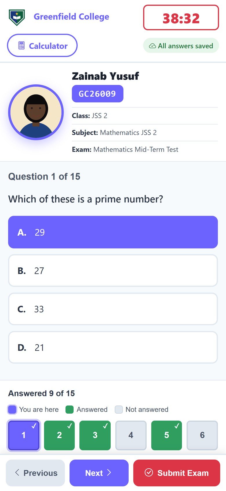 The same exam screen on a phone